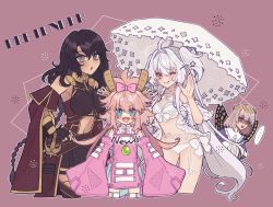Rule 34 | ..., 1boy, 3girls, ahoge, black hair, bow, braid, clothing cutout, cropped legs, detached sleeves, elizabeth bathory (fate), fangs, fate/grand order, fate (series), fingerless gloves, gloves, grey hair, hair bow, hand on own hip, hephaestion (fate), heterochromia, highres, horns, jewelry, kumonryuu eliza (fate), lady avalon (fate), lady avalon (second ascension) (fate), merlin (fate/prototype), multiple girls, noa pisces, oberon (fate), one eye closed, pendant, pink hair, pointy ears, shaded face, short sword, stomach cutout, sword, umbrella, weapon, white hair