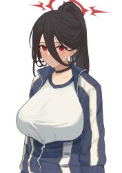 Rule 34 | 1girl, absurdres, black choker, black hair, blue archive, breasts, choker, closed mouth, collarbone, commentary request, gym uniform, hair between eyes, halo, hasumi (blue archive), hasumi (track) (blue archive), high ponytail, highres, huge breasts, itsufumi, jacket, long bangs, long hair, looking at viewer, mole, mole under eye, official alternate costume, partially unzipped, red eyes, red halo, shirt, simple background, solo, sweatdrop, track jacket, white background, white shirt
