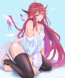 Rule 34 | 1girl, barefoot, between legs, blue eyes, breasts, cleavage, crystal wings, feet, heterochromia, highres, hololive, hololive english, horns, irys (hololive), large breasts, long hair, looking at viewer, medium breasts, multicolored hair, off shoulder, panties, pillow, pointy ears, purple eyes, purple hair, red hair, shirt, smile, solo, streaked hair, the raineman, thighhighs, toenails, toes, underwear, very long hair, virtual youtuber