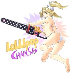 Rule 34 | 1girl, alternate costume, ass, back, barefoot, bikini, blonde hair, blush, breasts, candy, chainsaw, feet, food, full body, grasshopper manufacture, green eyes, grin, highres, juliet starling, legs, lollipop, lollipop chainsaw, long hair, md5 mismatch, mouth hold, oyatsu (mk2), scrunchie, shell, shell bikini, sideboob, simple background, smile, soles, solo, swimsuit, text focus, toes, twintails, underboob, white bikini