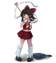 Rule 34 | 1girl, absurdres, ascot, bag, black hair, blunt bangs, blush, bow, brown eyes, full body, gohei, hair bow, hair tubes, hakurei reimu, highres, holding, holding stick, inushichi, looking at viewer, ofuda, parted lips, pigeon-toed, red bow, school bag, shoes, shoulder bag, simple background, skirt, solo, standing, stick, touhou, v-shaped eyebrows, white background