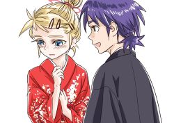 Rule 34 | 1990s (style), 1boy, 1girl, :d, blonde hair, blue eyes, blush, chrono cross, colored eyelashes, couple, eyelashes, floral print, hands up, hetero, japanese clothes, kid (chrono cross), kimono, long sleeves, looking at another, looking away, open mouth, print kimono, purple hair, red kimono, retro artstyle, s-a-murai, serge (chrono cross), short hair, shy, simple background, sketch, smile, upper body, white background, wide sleeves