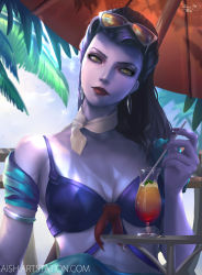Rule 34 | 1girl, beach, beach umbrella, bikini, blue bikini, branch, breasts, choker, cleavage, cocktail glass, colored skin, commentary, cote d&#039;azur widowmaker, cup, day, drinking glass, drinking straw, earrings, eyelashes, eyeliner, eyewear on head, fingernails, front-tie bikini top, front-tie top, hair slicked back, head tilt, holding, hoop earrings, hurricane glass, jessica aumaitre, jewelry, lips, long fingernails, long hair, looking at viewer, makeup, making-of available, md5 mismatch, nail polish, nose, official alternate costume, outdoors, overwatch, overwatch 1, palm tree, purple hair, purple nails, purple skin, realistic, red lips, shade, short sleeves, small breasts, solo, sunglasses, swimsuit, tree, umbrella, upper body, watermark, web address, white choker, widowmaker (overwatch), yellow eyes