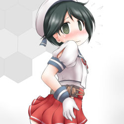 Rule 34 | 1girl, @ @, black hair, blue sailor collar, commentary request, cosplay, double v, embarrassed, gloves, grey eyes, hat, honeycomb (pattern), honeycomb background, kantai collection, mikura (kancolle), mikura (kancolle) (cosplay), mogami (kancolle), ouno (nounai disintegration), pleated skirt, puffy short sleeves, puffy sleeves, red skirt, sailor collar, sailor hat, sailor shirt, shirt, short hair, short sleeves, skirt, solo, v, wavy mouth, white background, white gloves, white shirt