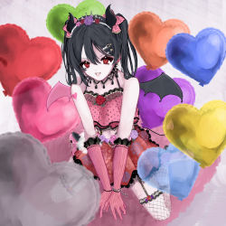 Rule 34 | 1girl, artist name, artist request, asymmetrical wings, balloon, bare legs, bare shoulders, black choker, black hair, blush, bow, bracelet, breasts, choker, collarbone, curled horns, demon girl, demon horns, demon tail, demon wings, detached collar, dress, earrings, elbow gloves, female focus, fishnet legwear, fishnets, flat chest, floral print, flower, flower earrings, flower print, frilled dress, frills, full body, garter straps, gloves, grey wings, hair between eyes, hair bow, hair flower, hair ornament, hairclip, heart, heart balloon, heart tattoo, high heels, highres, horns, jewelry, lace, lace-trimmed legwear, lace trim, long hair, looking at viewer, love live!, love live! school idol festival, love live! school idol project, midriff, miniskirt, mismatched wings, navel, parted lips, pearl bracelet, pink flower, pink footwear, pink gloves, pink high heels, pink rose, plaid, plaid skirt, pleated, pleated skirt, polka dot, polka dot bow, print skirt, purple flower, purple rose, red bow, red eyes, red flower, red rose, red skirt, rose, rose print, short hair, short twintails, shoulder tattoo, sidelocks, skirt, small breasts, smile, solo, striped clothes, striped gloves, tail, tattoo, tiara, twintails, vertical-striped clothes, vertical-striped gloves, wing hair ornament, wings, yazawa nico
