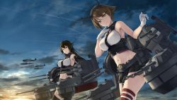 Rule 34 | 2girls, aircraft, bare shoulders, black gloves, breasts, brown hair, cannon, chain, cloud, cloudy sky, collar, contrail, cowboy shot, crop top, elbow gloves, finger to mouth, fingerless gloves, gloves, green eyes, groin, hairband, hand up, headgear, kantai collection, large breasts, long hair, looking at viewer, machinery, midriff, miniskirt, multiple girls, mutsu (kancolle), nagato (kancolle), navel, pleated skirt, radio antenna, red eyes, red legwear, revision, rigging, rokuwata tomoe, short hair, skirt, sky, sleeveless, smile, smokestack, spiked hair, spikes, thighhighs, turret, white gloves, zettai ryouiki