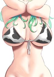 Rule 34 | 1girl, animal print, bikini, breast focus, breasts, ceres fauna, cleavage, cow print, cow print bikini, faceless, faceless female, front-tie bikini top, front-tie top, green hair, head out of frame, highres, hololive, hololive english, large breasts, long hair, multicolored hair, navel, no panties, open mouth, print bikini, redi (rasec asdjh), simple background, solo, swimsuit, virtual youtuber, white background
