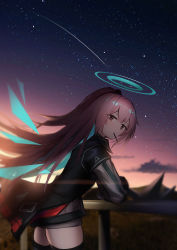 Rule 34 | 1girl, ambriel (arknights), arknights, black jacket, black thighhighs, commentary request, cowboy shot, highres, jacket, lodbyy, long hair, looking at viewer, mouth hold, night, night sky, outdoors, pink hair, purple eyes, shooting star, sky, solo, standing, star (sky), starry sky, thighhighs, thighs