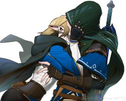 Rule 34 | 1boy, 1girl, blonde hair, cloak, covered face, face-to-face, faceless, from side, grabbing, hetero, hood, hooded cloak, kiss, link, nintendo, niteo07, over shoulder, pointy ears, princess zelda, simple background, solo focus, surprise kiss, surprised, sword, sword over shoulder, the legend of zelda, the legend of zelda: breath of the wild, the legend of zelda: skyward sword, the legend of zelda: tears of the kingdom, upper body, weapon, weapon on back, weapon over shoulder, white background