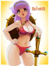Rule 34 | 1girl, athena (series), bikini, breasts, brown eyes, cleavage, hand on own hip, highres, large breasts, legs, long hair, navel, open mouth, pink lips, princess athena, purple hair, red bikini, shield, snk, solo, swimsuit, sword, thighs, weapon