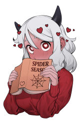 Rule 34 | 1girl, absurdres, black horns, blush, book, breasts, commentary, covered mouth, cropped torso, damu (damu950), ear blush, full-face blush, heart, heart-shaped pupils, helltaker, highres, holding, holding book, horns, large breasts, long sleeves, looking at viewer, medium hair, modeus (helltaker), open book, red eyes, red sweater, ribbed sweater, silk, simple background, solo, spider web, sweater, symbol-shaped pupils, upper body, white background, white hair