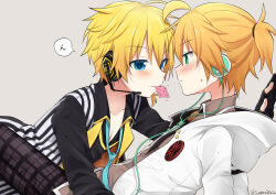 Rule 34 | 2boys, aqua eyes, aqua necktie, black pants, black shirt, blonde hair, blue eyes, blush, cable, condom, condom in mouth, condom wrapper, dual persona, grey background, headphones, headset, highres, holy lancer (module), hood, hoodie, kagamine len, leaning back, leaning on person, looking at another, male focus, mouth hold, multiple boys, necktie, pants, plaid, plaid pants, project diva (series), selfcest, shirt, short ponytail, sitting, speech bubble, striped clothes, striped shirt, sudachi (calendar), translated, twitter username, vocaloid, white edge (module), white hoodie, yaoi