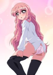 Rule 34 | 00s, adjusting clothes, adjusting legwear, artist request, ass, dressing, highres, louise francoise le blanc de la valliere, panties, pink eyes, pink hair, solo, thighhighs, underwear, zero no tsukaima