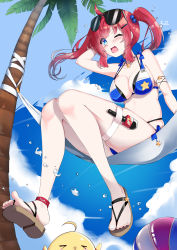 Rule 34 | 1girl, ;d, absurdres, ahoge, ankle strap, arm behind head, armpits, artist name, azur lane, ball, bare shoulders, beachball, bikini, black bikini, blue background, blue bikini, blue eyes, blue sky, blunt bangs, blush, breasts, cleavage, cloud, collarbone, commentary request, day, erotanuki, eyewear on head, full body, groin, hair bobbles, hair ornament, hairclip, hammock, highres, jewelry, large breasts, layered bikini, long hair, looking at viewer, manjuu (azur lane), microphone, midriff, necklace, one eye closed, open mouth, palm tree, red hair, san diego (azur lane), sandals, sidelocks, sitting, skindentation, sky, smile, solo focus, star (symbol), star necklace, star print, sunglasses, swimsuit, thigh strap, tree, twintails, water drop
