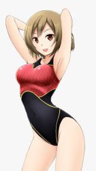 Rule 34 | 1girl, :d, alternate costume, armpits, arms up, breasts, brown eyes, brown hair, competition swimsuit, covered navel, cowboy shot, eyebrows, fuuma nagi, grey background, highleg, highleg swimsuit, large breasts, looking at viewer, meiko (vocaloid), navel, one-piece swimsuit, open mouth, short hair, simple background, smile, solo, standing, swimsuit, vocaloid