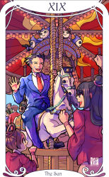 3boys 3girls ace_attorney ace_attorney_investigations ace_attorney_investigations:_miles_edgeworth black_footwear blue_badger blue_jacket blue_pants blue_scarf blunt_bangs bracelet brown_hair card_(medium) carousel child clenched_hand collared_shirt dick_gumshoe full_body green_jacket grey_hair hair_rings hand_up holding jacket japanese_clothes jewelry kay_faraday kimono long_hair maya_fey miles_edgeworth multiple_boys multiple_girls necktie pants pearl_fey phoenix_wright red_jacket red_necktie saginoko scarf shirt short_hair sitting small_sweatdrop tarot tarot_(medium) the_sun_(tarot) topknot waving_arm white_shirt