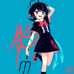 Rule 34 | 1girl, antenna hair, asymmetrical wings, black dress, black hair, black socks, blue background, blue wings, bow, bowtie, dress, hand up, holding, holding polearm, holding weapon, houjuu nue, looking at viewer, mary janes, medium hair, mismatched wings, open mouth, polearm, red bow, red bowtie, red eyes, red footwear, red wings, shoes, short sleeves, smile, snake, socks, solo, standing, standing on one leg, tomoe (symbol), touhou, trident, weapon, wings, you taira