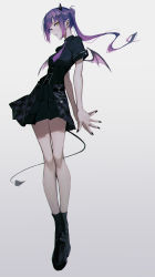 Rule 34 | 1girl, absurdres, bare legs, black dress, black footwear, black nails, black socks, breasts, collared dress, demon girl, demon horns, demon tail, demon wings, dress, ear piercing, full body, green eyes, hair ornament, hairclip, highres, hololive, horns, long hair, looking at viewer, medium breasts, multicolored hair, nail polish, namahamu913, necktie, parted lips, piercing, pink hair, purple hair, purple necktie, shoes, short sleeves, side ponytail, sideways glance, simple background, socks, solo, tail, tail ornament, tail piercing, tokoyami towa, two-tone hair, virtual youtuber, wings