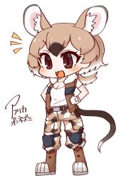 Rule 34 | 1girl, 370ml, animal ear fluff, animal ears, bare arms, belt, black hair, boots, breasts, brown eyes, brown hair, camouflage, camouflage pants, chibi, cleavage, extra ears, fingerless gloves, full body, gambian rat (kemono friends), gloves, hands on own hips, highres, kemono friends, knee pads, light brown hair, long hair, low ponytail, mouse ears, mouse girl, mouse tail, multicolored hair, open clothes, open mouth, open vest, pants, ponytail, print pants, shirt, short sleeves, simple background, smile, solo, standing, tail, v-shaped eyebrows, vest, white background, white hair