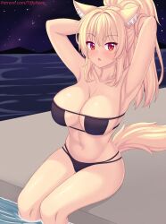Rule 34 | 1girl, :o, animal ears, armpits, arms up, bare arms, bare shoulders, bikini, black bikini, blonde hair, blush, breasts, cat ears, cat girl, cat tail, cleavage, collarbone, commentary, english commentary, eyepatch bikini, highres, large breasts, long hair, looking at viewer, navel, night, night sky, nottytiffy, open mouth, original, patreon username, ponytail, red eyes, sitting, sky, soaking feet, star (sky), starry sky, stomach, swimsuit, tail, thighs, tiffy (nottytiffy), water