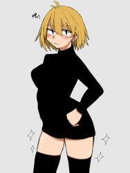 1girl absurdres arched_back arcueid_brunestud black_dress black_eyes black_thighhighs blonde_hair breasts commentary_request dress hand_on_own_hip highres large_breasts maz_515 medium_hair short_dress signature solo sparkle sweatdrop sweater sweater_dress thighhighs tsukihime turtleneck turtleneck_dress zettai_ryouiki