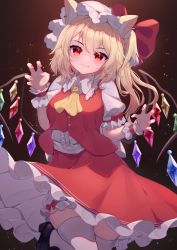 Rule 34 | 1girl, :3, absurdres, aged up, animal ears, ascot, back bow, black footwear, blonde hair, bow, breasts, cat ears, center frills, claw pose, closed mouth, cowboy shot, dress, fang, flandre scarlet, frilled skirt, frilled sleeves, frills, hair between eyes, hat, highres, hinata (user rjkt4745), kemonomimi mode, long hair, looking at viewer, mary janes, mob cap, nail polish, one side up, puffy short sleeves, puffy sleeves, red eyes, red nails, red skirt, shoes, short sleeves, simple background, skin fang, skirt, skirt set, smile, thighhighs, touhou, white footwear, white headwear, wings, wrist cuffs, yellow ascot, zettai ryouiki