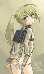Rule 34 | 1girl, ass, backpack, bag, blonde hair, blue eyes, butt crack, charlotte lueder, gradient background, higezamurai (kurage gunsou), long hair, military, military uniform, msgtkurage, panties, ponytail, short hair, solo, strike witches, underwear, uniform, witches of africa, world witches series