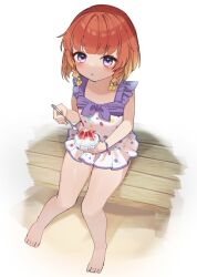 Rule 34 | 1girl, bare arms, bare legs, bare shoulders, barefoot, blush, braid, collarbone, etorofu (kancolle), food, full body, holding, holding spoon, kantai collection, one-hour drawing challenge, one-piece swimsuit, parted lips, polka dot, polka dot swimsuit, purple eyes, red hair, shaved ice, short hair, sitting, solo, spoon, swimsuit, thick eyebrows, twin braids, white one-piece swimsuit, yamashichi (mtseven)