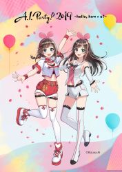 Rule 34 | 2019, 2girls, arm up, balloon, bare shoulders, blue eyes, blush, brown hair, character name, cleavage cutout, clothing cutout, crop top, cropped jacket, detached sleeves, full body, hairband, highres, kizuna ai, kizuna ai (chinese), kizuna ai inc., leg up, long hair, looking at viewer, midriff, morikura en, multicolored hair, multiple girls, navel, official art, open mouth, petals, pink hair, red shorts, sailor collar, shirt, shoes, short shorts, short sleeves, shorts, sidelocks, simple background, smile, sneakers, standing, standing on one leg, thigh strap, thighhighs, virtual youtuber, white legwear, white sailor collar, white shirt, white shorts, wristband, zipper