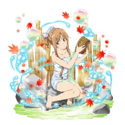 Rule 34 | 1girl, asuna (sao), autumn leaves, bamboo, barefoot, basket, blue towel, breasts, brown eyes, brown hair, bubble, cleavage, collarbone, feet, full body, highres, holding, holding basket, leaf, leaf print, long hair, looking to the side, lying, maple leaf, maple leaf print, naked towel, official art, on side, parted lips, print towel, sidelocks, sitting, solo, sword art online, toes, towel, transparent background, very long hair