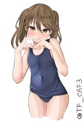 Rule 34 | 1girl, absurdres, blue one-piece swimsuit, blush, brown eyes, brown hair, collarbone, covered navel, heart, heart hands, highres, kantai collection, long hair, looking at viewer, old school swimsuit, one-piece swimsuit, ryuujou (kancolle), school swimsuit, short hair, solo, swimsuit, tf cafe, twintails, twitter username, white background