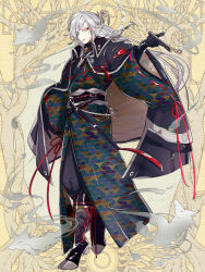 Rule 34 | 1boy, aqua kimono, belt, belt chain, black belt, black coat, black footwear, black gloves, black pants, black sash, black shirt, blue kimono, bolo tie, boots, braid, brown kimono, closed mouth, coat, coat on shoulders, collared coat, collared shirt, cross-laced footwear, dairoku ryouhei, diagonal bangs, eyeliner, fox, full body, gloves, grey eyes, grey hair, hair ornament, hair stick, high heel boots, high heels, holding, holding smoking pipe, japanese clothes, kimono, kiseru, lace-up boots, long hair, looking down, makeup, male focus, mole, mole under eye, morino bambi, multicolored clothes, multicolored kimono, obiage, outstretched arm, pants, parted lips, red eyeliner, red lips, red ribbon, ribbon, ribbon-trimmed sleeves, ribbon trim, sash, seigaiha, shirt, side braid, smile, smoke, smoking pipe, solo, spirit, standing, tassel, two-sided coat, two-sided fabric, unen kanou, uroko (pattern), wide sleeves, yellow background