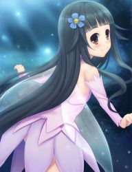Rule 34 | 10s, 1girl, bare shoulders, black hair, blush, detached sleeves, dress, fairy, fairy wings, hair ribbon, light particles, long hair, looking back, outstretched arms, ribbon, smile, solo, sorano (12gou), sword art online, wings, yellow eyes, yui (sao), yui (sao-alo)