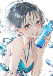 Rule 34 | 1girl, ao+beni, bikini, black hair, blue bikini, blue eyes, bottle, breasts, cleavage, collarbone, ear piercing, earrings, grin, heart, heart earrings, highres, holding, holding bottle, jewelry, looking at viewer, nail polish, orange nails, original, piercing, short hair, simple background, small breasts, smile, solo, swimsuit, upper body, white background