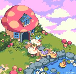 Rule 34 | awacato, bird, cloud, commentary, duck, english commentary, flower hat, grass, highres, house, lily pad, mushroom, no humans, original, pixel art, pond, purple sky, rock, sky