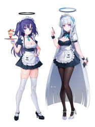 Rule 34 | 2girls, alternate costume, apron, black dress, black footwear, blue archive, breasts, cleavage, closed mouth, cup, dress, enmaided, food, frilled apron, frills, full body, garter straps, halo, hand on own hip, high heels, highres, holding, holding plate, holding tray, long hair, looking at viewer, maid, maid apron, maid headdress, mary janes, medium breasts, multiple girls, noa (blue archive), pantyhose, parfait, pen, plate, puffy short sleeves, puffy sleeves, purple eyes, purple hair, rity, scrunchie, shoes, short sleeves, simple background, smile, standing, thighhighs, tray, very long hair, waist apron, white apron, white background, wrist cuffs, wrist scrunchie, yuuka (blue archive)