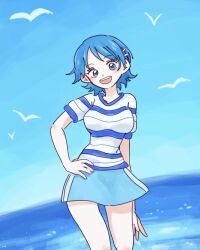 Rule 34 | 0h my god, 1girl, ann (romance dawn), blue eyes, blue hair, blue skirt, blue sky, commentary request, hand on own hip, highres, light blue hair, looking at viewer, miniskirt, ocean, open mouth, shirt, skirt, sky, smile, solo, striped clothes, striped shirt, teeth, upper teeth only