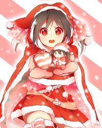 Rule 34 | 10s, 1girl, :d, belt, black hair, bobblehat, character doll, gloves, hat, heart, looking at viewer, love live!, love live! school idol project, oda (101511a), open mouth, pillow, red eyes, red gloves, red hat, red theme, santa costume, santa hat, smile, snowflakes, solo, striped, striped background, thighhighs, twintails, yazawa nico, zettai ryouiki
