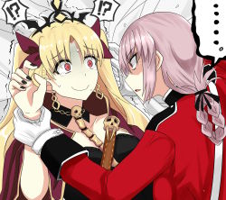 Rule 34 | !?, &gt;:o, ..., 2girls, :o, @ @, against wall, alternate hair color, angry, black detached collar, black dress, black nails, blonde hair, braid, breasts, cape, closed mouth, collarbone, commentary request, crown, detached collar, dress, earrings, ereshkigal (fate), eye contact, eyes visible through hair, fate/grand order, fate (series), female focus, florence nightingale (fate), gloves, hair between eyes, hair ribbon, hand up, highres, holding another&#039;s wrist, jacket, jewelry, kabedon, light purple hair, long hair, long sleeves, looking at another, medium breasts, military, military uniform, multiple girls, nail polish, neck, nervous, open mouth, parted bangs, rakku (10219563), red cape, red eyes, red jacket, red ribbon, restrained, ribbon, ringed eyes, scared, shaded eyes, shaded face, single braid, skull, smile, spine, strapless, strapless dress, surprised, trembling, two side up, type-moon, uniform, upper body, wavy mouth