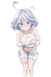 Rule 34 | 1girl, absurdres, ahoge, blue eyes, blue hair, bottle, breasts, cleavage, commentary request, detached sleeves, feet out of frame, furina (genshin impact), genshin impact, grey hair, highres, holding, holding bottle, hong (vsak3373), looking at viewer, medium breasts, midriff, miniskirt, multicolored hair, navel, no headwear, parted lips, pleated skirt, short hair, short sleeves, simple background, skirt, solo, standing, stomach, strapless, streaked hair, thighs, tube top, white background, white skirt
