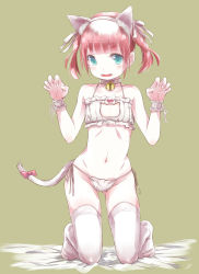 Rule 34 | 1girl, animal ears, bell, bra, cat cutout, cat ears, cat lingerie, cat tail, choker, claw pose, cleavage cutout, clothing cutout, frilled bra, frills, green eyes, highres, jingle bell, kowiru, md5 mismatch, meme attire, navel, neck bell, original, panties, paw pose, red hair, resolution mismatch, short hair, side-tie panties, solo, source larger, tail, thighhighs, underwear, underwear only, white bra