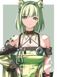 Rule 34 | 1girl, absurdres, animal ear fluff, animal ears, arknights, bare shoulders, border, breasts, bright pupils, cat ears, cat girl, dress, expressionless, green background, green eyes, green hair, hair intakes, hand on own hip, highres, ikutachi, kal&#039;tsit (arknights), looking at viewer, off-shoulder dress, off shoulder, outside border, see-through, see-through sleeves, short hair, simple background, small breasts, solo, white border, white pupils