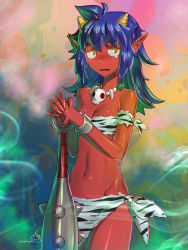 Rule 34 | 1girl, animal print, blue hair, breasts, club (weapon), colored skin, female focus, highres, horns, midriff, mitake eil, monster girl, navel, necklace, oni, oni horns, open mouth, original, pointy ears, red oni, red skin, skull necklace, small breasts, solo, weapon, zebra print