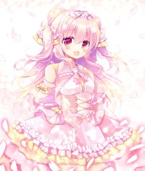 Rule 34 | 1girl, :d, animal ears, bare shoulders, bear ears, blonde hair, blush, bow, breasts, commentary request, detached sleeves, dress, frilled dress, frills, gradient hair, hair between eyes, hair bow, long hair, long sleeves, multicolored hair, open mouth, original, petals, pink bow, pink dress, pink hair, pink sleeves, red eyes, shikito (yawa0w0), sleeveless, sleeveless dress, small breasts, smile, solo, two side up, very long hair, yellow bow