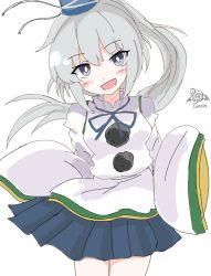 Rule 34 | 1girl, :d, blue skirt, blush, grey eyes, grey hair, hat, japanese clothes, long hair, looking at viewer, mononobe no futo, open mouth, pom pom (clothes), ponytail, ribbon, skirt, sleeves past fingers, sleeves past wrists, smile, solo, theon (te2eo), touhou, white background, wide sleeves