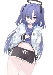 Rule 34 | 1girl, absurdres, bespectacled, black-framed eyewear, black shorts, blue archive, blue eyes, blue hair, blush, glasses, hair ornament, halo, highres, jacket, long hair, long sleeves, looking at viewer, open clothes, open jacket, shirt, short shorts, shorts, simple background, sleeves past wrists, solo, touhou90275, two side up, very long hair, white background, yuuka (blue archive)