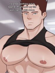 Rule 34 | 1boy, abs, bara, bare pectorals, black tank top, blank stare, boku no hero academia, clothes lift, endeavor (boku no hero academia), facial hair, highres, i started working out to be healthier now my tits won&#039;t let my shirt down (meme), large pectorals, looking at viewer, male focus, mature male, meme, muscular, muscular male, mustache, nipples, no scar, notidads (naughtydads), pectoral focus, pectorals, red hair, shirt lift, short hair, sideburns, solo, spiked hair, stubble, tank top, thick eyebrows, upper body
