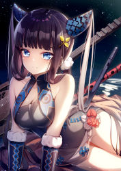 Rule 34 | 1girl, bare shoulders, black dress, blue eyes, blunt bangs, blush, breasts, china dress, chinese clothes, cleavage, closed mouth, commentary request, covered navel, detached sleeves, double bun, dress, fate/grand order, fate (series), hair bun, hair ornament, highres, long hair, looking at viewer, medium breasts, purple hair, revision, sidelocks, smile, solo, thighs, twintails, very long hair, yan (nicknikg), yang guifei (fate), yang guifei (second ascension) (fate)