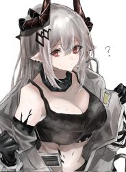 Rule 34 | 1girl, ?, arknights, bare shoulders, black gloves, breasts, cleavage, closed mouth, collar, commentary request, cowboy shot, earrings, emiya negi, gloves, heart, heart in eye, highres, horns, infection monitor (arknights), jewelry, large breasts, long hair, looking at viewer, material growth, mudrock (arknights), navel, open clothes, oripathy lesion (arknights), pointy ears, red eyes, silver hair, simple background, solo, sports bra, steaming body, stomach, sweat, symbol in eye, undressing, white background