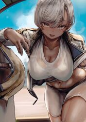 Rule 34 | 1girl, absurdres, blue sky, breasts, character request, cleavage, collarbone, copyright request, dark-skinned female, dark skin, grey eyes, grey hair, highres, jacket, large breasts, long sleeves, looking at viewer, midriff, navel, open mouth, short hair, shorts, sky, smile, soleil (soleilmtfbwy03), solo, sweat, white shorts